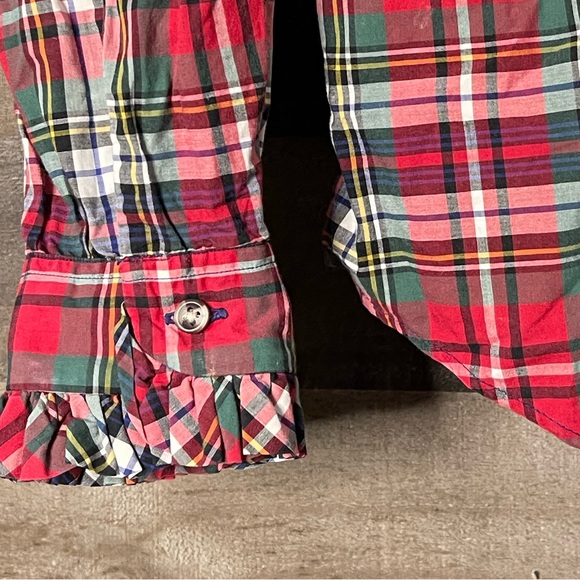 Plaid Ruffle Blouse Sz 10 Vintage Red Green Preppy Academia 1980s Chic - Picture 8 of 16